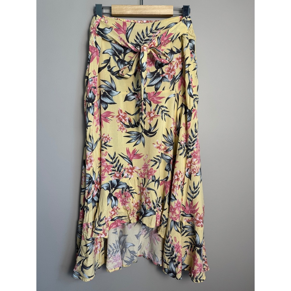 H&M Divided Floral High Low Maxi Skirt 8 Yellow Tropical Boho Summer Beach Flowy